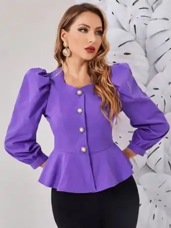 SheIn Shein button through lantern sleeve ruffle hem top offer