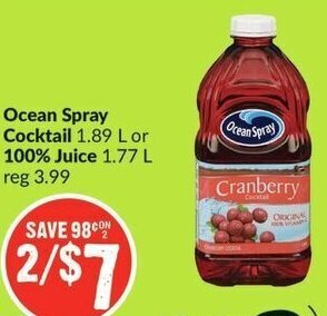 FreshCo Ocean Spray Cocktail 1.89 L or 100% Juice 1.77L offer