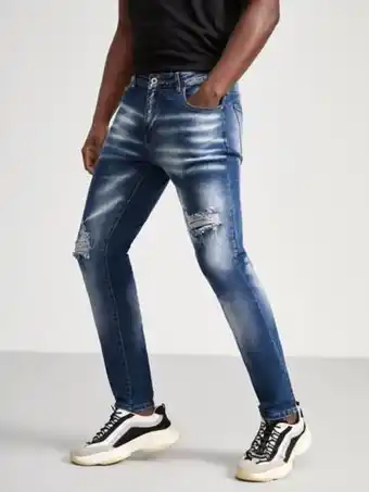 SheIn Men cat whisker ripped bleach wash skinny jeans offer