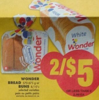 No Frills Wonder Bread 570-675g or Buns 8/10's offer