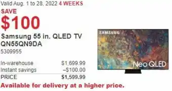 Costco Samsung 55 In. QLED TV QN55QN9DA offer