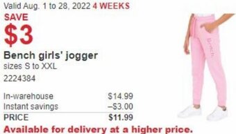 Costco Bench Girls' Jogger offer