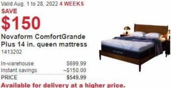 Costco Novaform ComfortGrande Plus 14 In. Queen Mattress offer