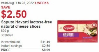 Costco Saputo Havarti Lactose-Free Natural Cheese Slices 620g offer