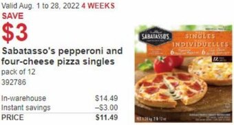 Costco Sabatasso's Pepperoni And Four-Cheese Pizza Singles offer