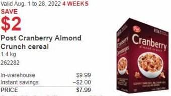 Costco Post Cranberry Almond Crunch Cereal 1.4Kg offer