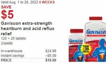 Costco Gaviscon Extra-Strength Heartburn And Acid Reflux Relief 120 + 25 Tablets offer
