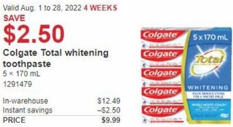 Costco Colgate Total Whitening Toothpaste 5 x 170ml offer