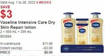 Costco Vaseline Intensive Care Dry Skin Repair Lotion 2 x 600ml + 295ml offer
