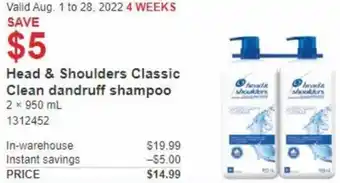 Costco Head & Shoulders Classic Clean Dandruff Shampoo 2 x 950ml offer