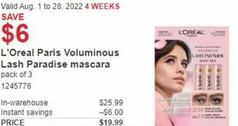 Costco L'Oreal Paris Voluminous Lash Paradise Mascara offer