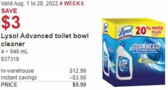 Costco Lysol Advanced Toilet Bowl Cleaner 4 x 946ml offer