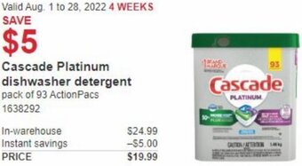 Costco Cascade Platinum Dishwasher Detergent offer