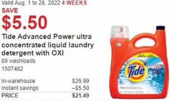 Costco Tide Advanced Power Ultra Concentrated Liquid Laundry Detergent With OXI offer