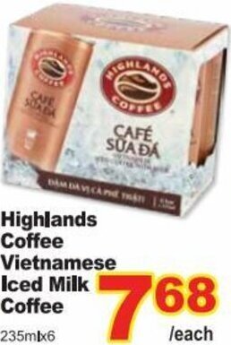 T&T Supermarket Highlands Coffee Vietnamese Iced Milk Coffee 235mlx6 offer