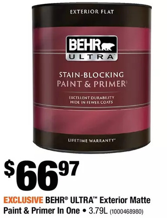 Home Depot Behr ultra exterior matte paint & primer in one offer
