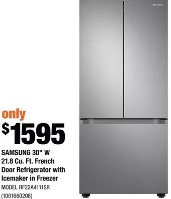 Home Depot Samsung 30" w 21.8 cu. ft. french door refrigerator with icemaker in freezer offer