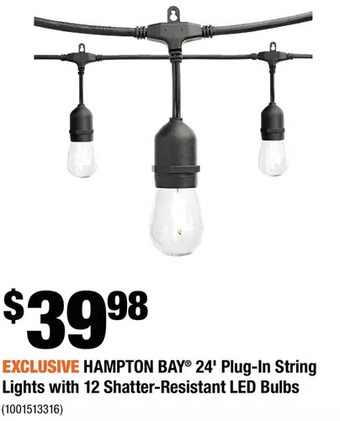 Home Depot Hampton bay 24' plug-in string lights with 12 shatter-resistant led bulbs offer
