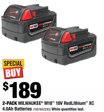 Home Depot Milwaukee m18 18v redlithium xc 4.0ah batteries offer