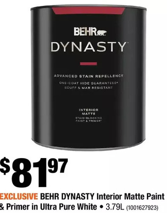 Home Depot Behr dynasty interior matte paint & primer in ultra pure white offer