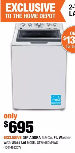Home Depot Ge adora 4.9 cu. ft. washer with glass lid offer