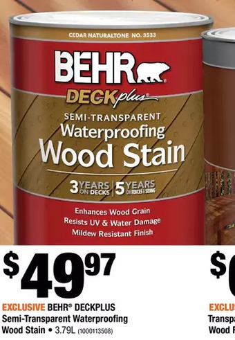 Home Depot Behr deckplus semi-transparent waterproofing wood stain offer