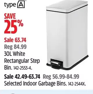 Canadian Tire Type a 30l white rectangular step bin | indoor garbage bins offer