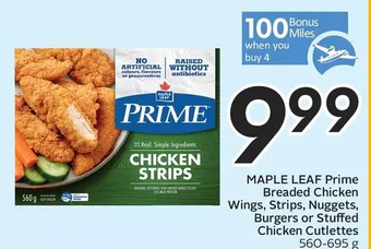 Sobeys Maple leaf prime breaded chicken wings, strips, nuggets, burgers or stuffed chicken cutlettes offer