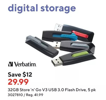 Staples Verbatim 32gb store 'n' go v3 usb 3.0 flash drive, 5 pk offer