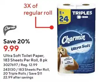 Staples Charmin ultra soft toilet paper, 8 pk | 20 triple rolls offer