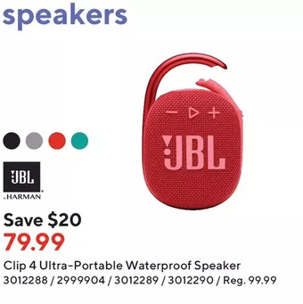 Staples Jbl clip 4 ultra-portable waterproof speaker offer