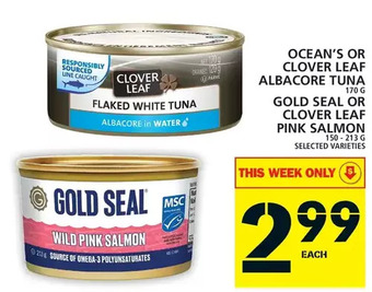 Food Basics Ocean's or clover leaf albacore tuna | gold seal or clover leaf pink salmon offer