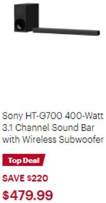 Best Buy Sony HT-G700 400-Watt 3.1 Channel Sound Bar With Wireless Subwoofer offer