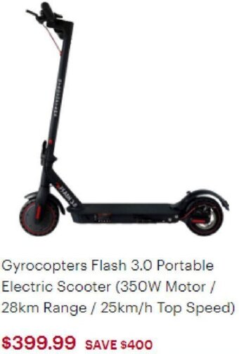 Best Buy Gyrocopters Flash 3.0 Portable Electric Scooter (350W Motor/28km Range / 25km/h Top Speed) offer
