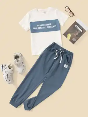 SheIn Shein boys slogan graphic top & patched detail sweatpants offer