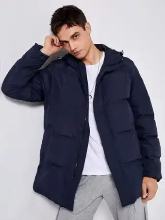 SheIn Shein men zip up snap button drawstring hooded puffer coat offer