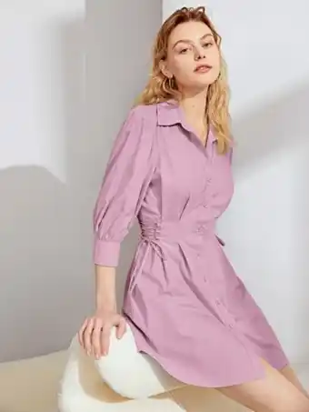 SheIn Lace up side plicated detail puff sleeve shirt dress offer