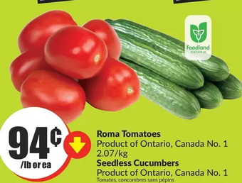 FreshCo Roma tomatoes | seedless cucumbers offer