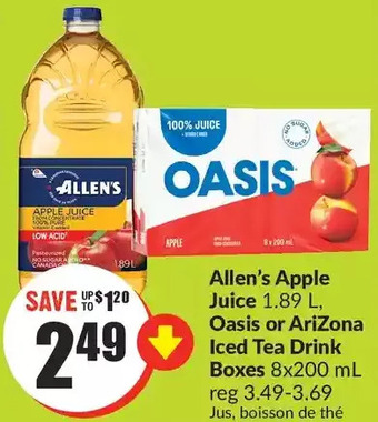 FreshCo Allen's apple juice, oasis or arizona iced tea drink boxes offer
