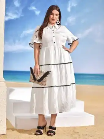 SheIn Shein plus lace trim flounce sleeve ruffle hem smock dress offer