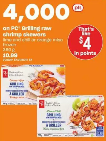 Loblaws Pc grilling raw shrimp skewers offer