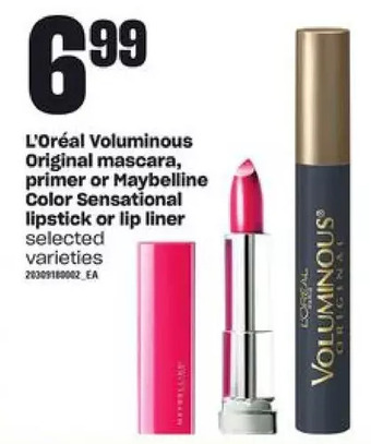 Loblaws L'oreal voluminous original mascara, primer or maybelline color sensational lipstick or lip liner offer
