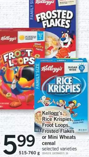 Fortinos Kellogg's rice krispies, froot loops, frosted flakes or mini wheats cereal offer