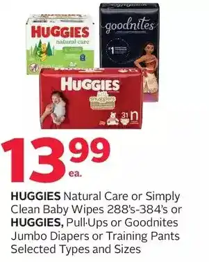 Rexall Huggies natural care or simply clean baby wipes or huggies, pull-ups or goodnites jumbo diapers or training pants offer