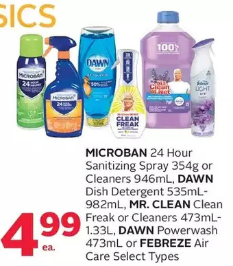 Rexall Microban 24 hour sanitizing spray or cleaners, dawn dish detergent, mr. clean clean freak or cleaners, dawn powerwash or febr offer