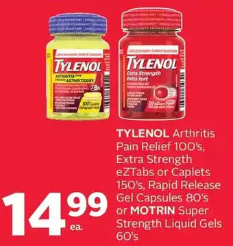 Rexall Tylenol arthritis pain relief, extra strength eztabs or caplets, rapid release gel capsules or motrin super strength liquid g offer