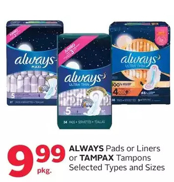 Rexall Always pads or liners or tampax tampons offer