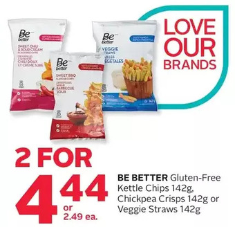 Rexall Be better gluten-free kettle chips, chickpea crisps or veggie straws offer