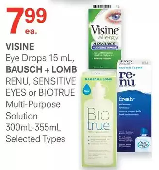 Guardian Pharmacy Visine eye drops, bausch + lomb renu, sensitive eyes or biotrue multi-purpose solution offer
