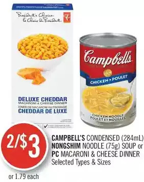 Shoppers Drug Mart Campbell's condensed, nongshim noodle soup or pc macaroni & cheese dinner offer